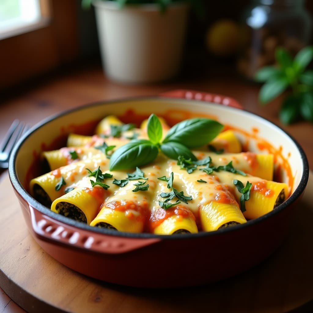 Fuente de horno con canelones de calabacín rellenos de champiñones, bañados en salsa de azafrán cremosa y gratinados con queso mozzarella y parmesano dorado. Decorados con hojas de albahaca fresca, receta italiana sin pasta.