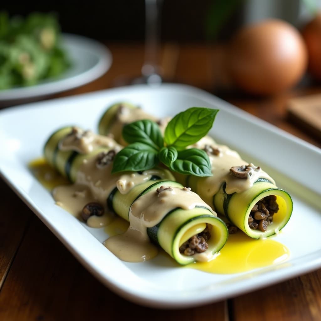 Plato blanco con canelones de calabacín y hongos portobello veganos sin horno, decorados con almendras fileteadas y hojas de albahaca fresca sobre fondo rústico de madera.