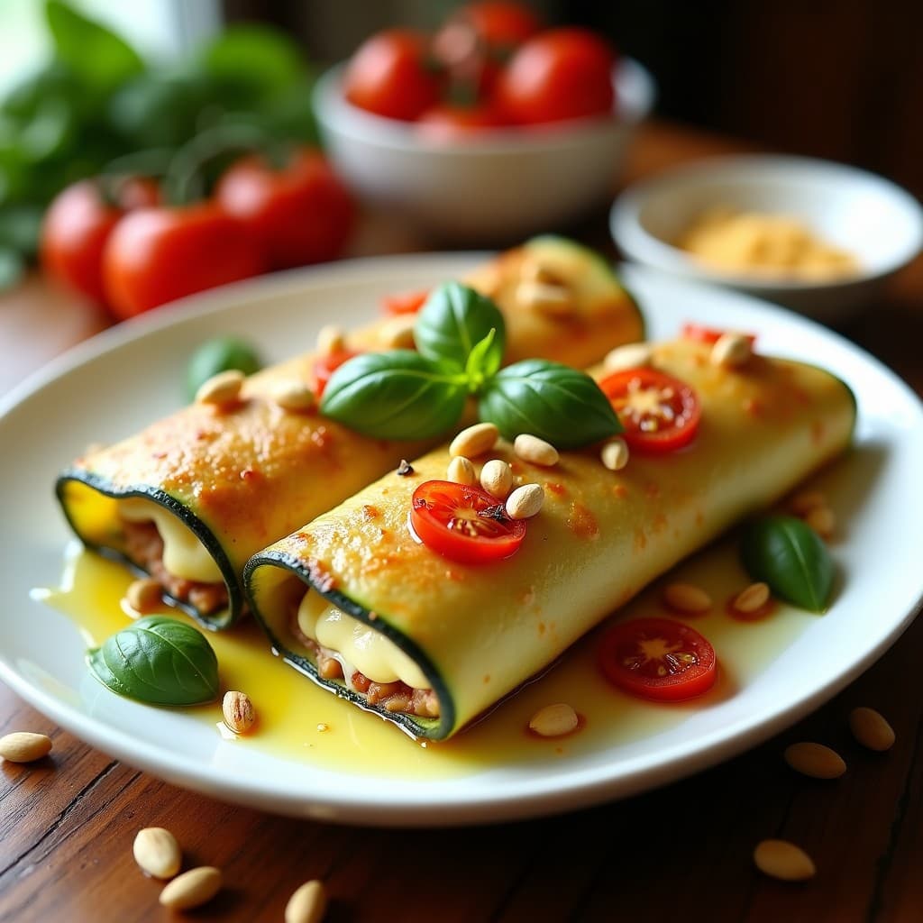 Canelones de calabacín rellenos de queso de cajú y tomate seco en plato blanco, dorados y crujientes, con semillas de sésamo espolvoreadas y hojas de albahaca fresca como decoración. Receta italiana vegana en airfryer sin pasta.