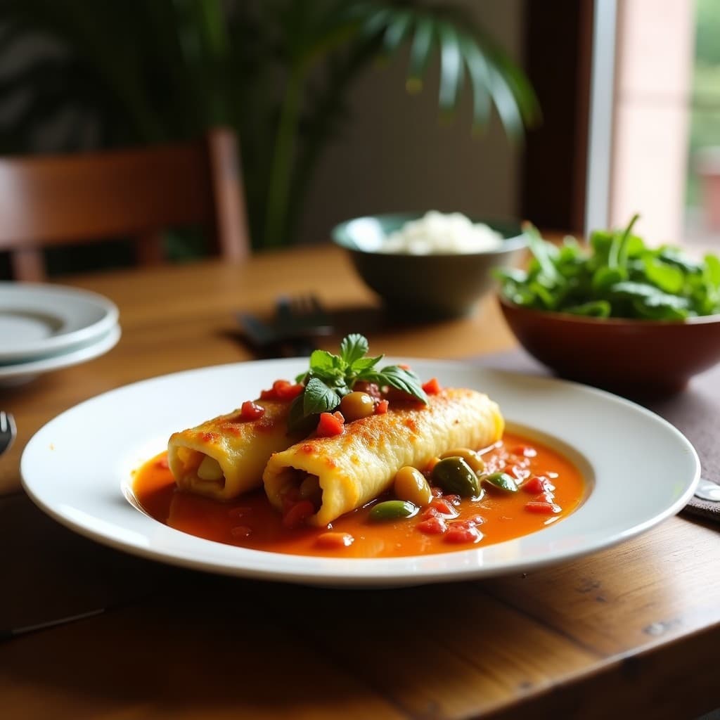 Canelones de calabacín al horno rellenos de seitán desmenuzado y pimientos asados, cubiertos con bechamel cremosa de anacardos y decorados con albahaca fresca, plato vegano catalán alto en proteína.