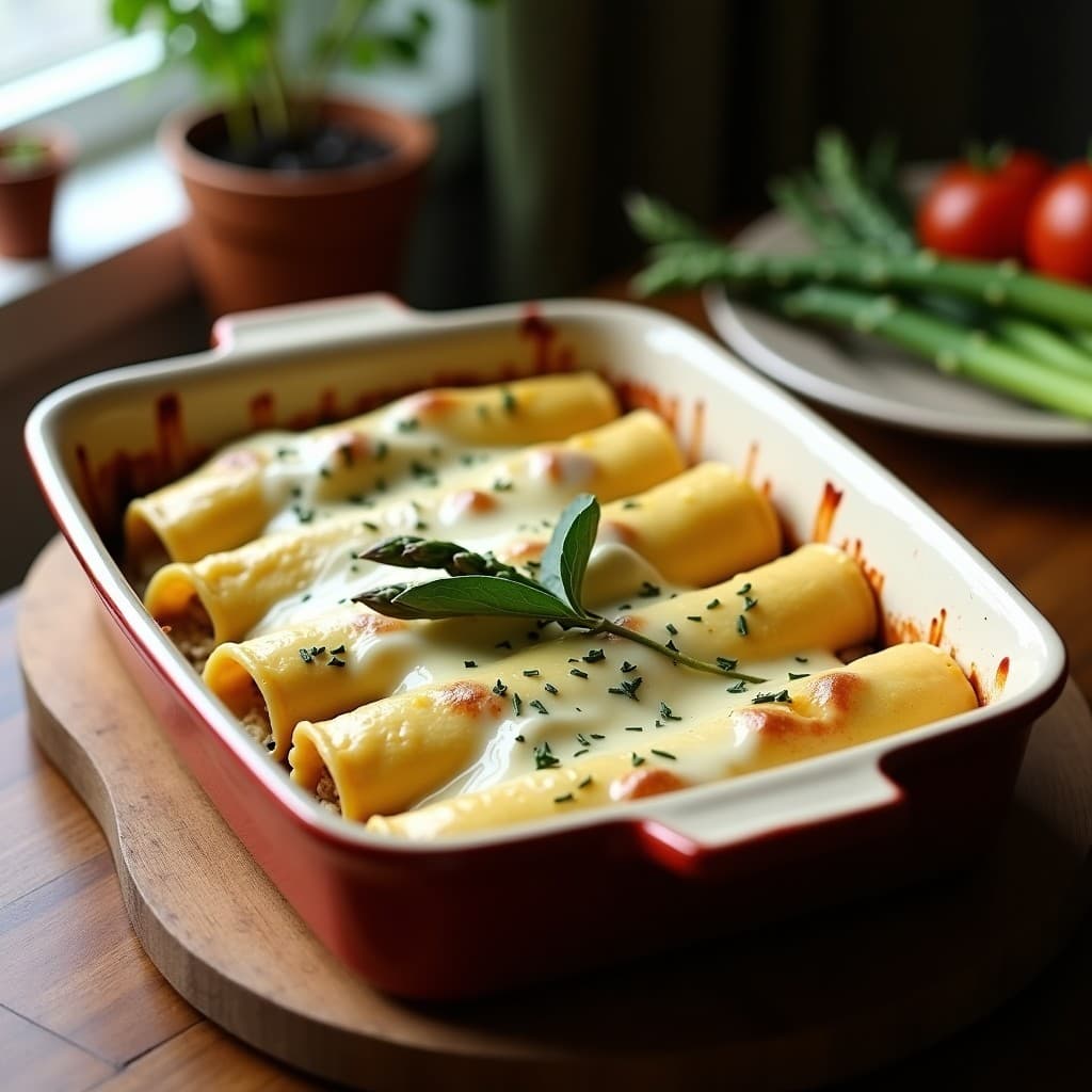 Fuente de horno con canelones de espárragos blancos y bechamel de anacardos dorada, decorados con puntas de espárragos salteadas, receta italiana vegana y sin gluten.