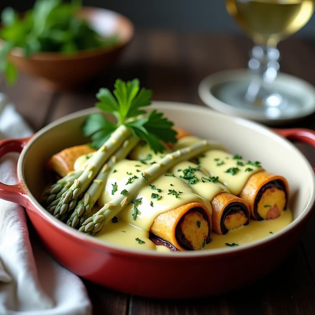 Plato de canelones de espárragos blancos y salsa holandaise vegana sin gluten, servidos en fuente de barro con espárragos enteros como decoración y perejil fresco espolvoreado.