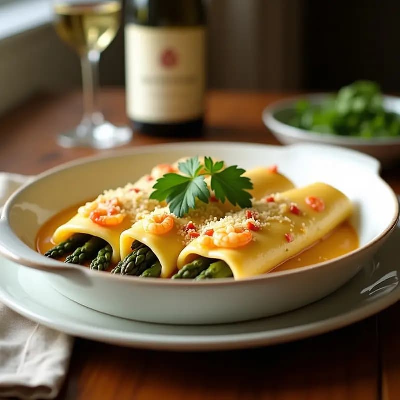 Fuente de horno con canelones dorados rellenos de espárragos trigueros y gambas, cubiertos de salsa cremosa de brandada de bacalao y queso gratinado, receta española gourmet.