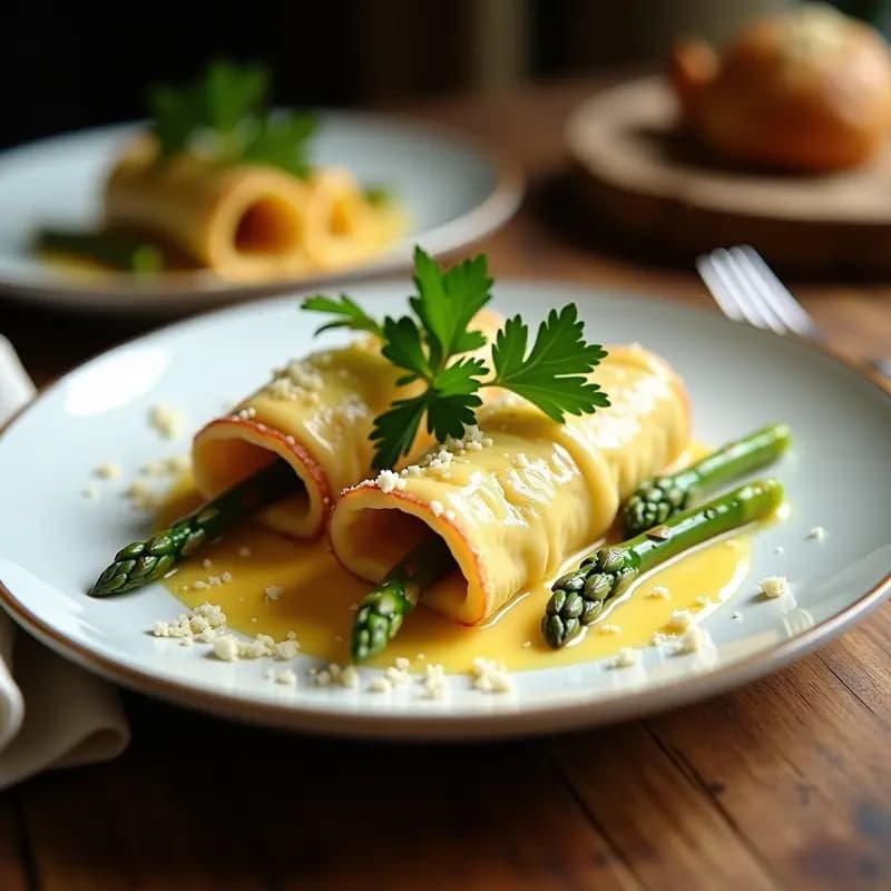 Plato blanco ovalado con cuatro canelones de hojaldre dorado rellenos de espárragos blancos y jamón serrano, bañados en salsa holandesa cremosa, decorados con almendras fileteadas y hebras de limón rallado. Receta francesa elegante de canelones de espárragos y jamón serrano con salsa holandesa.