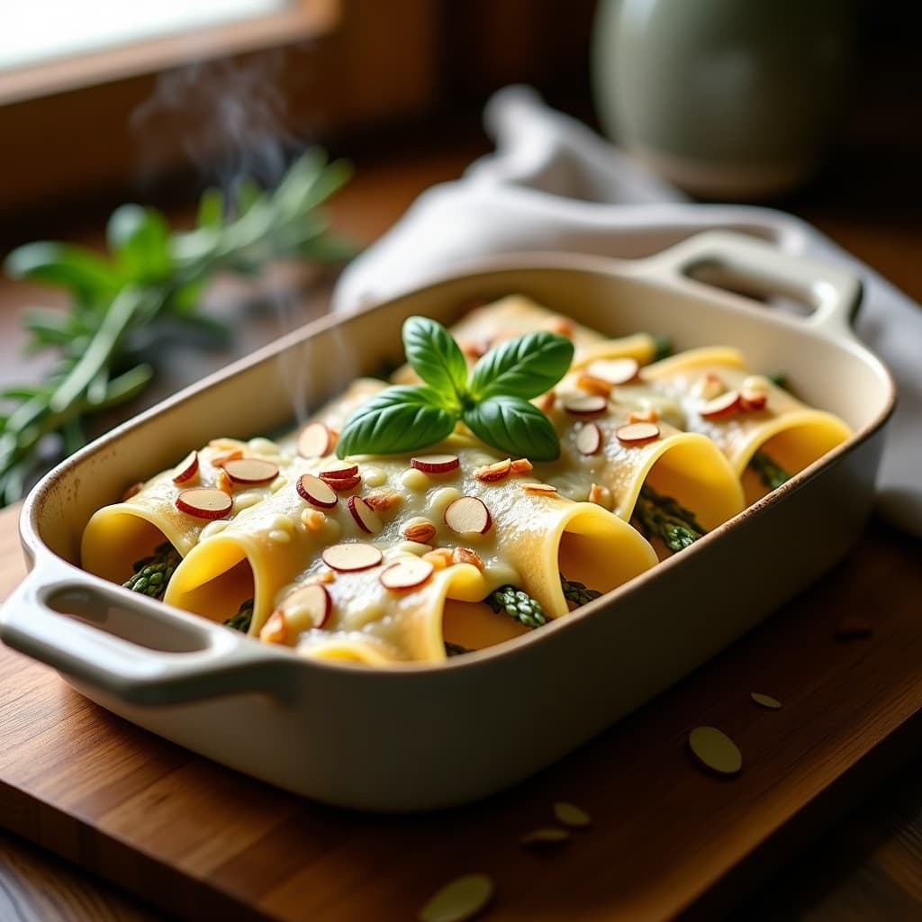Fuente de horno rectangular con canelones de espárragos trigueros y queso de cabra gratinados, cubiertos de bechamel de almendras cremosa y almendras fileteadas doradas, receta italiana sin lactosa.