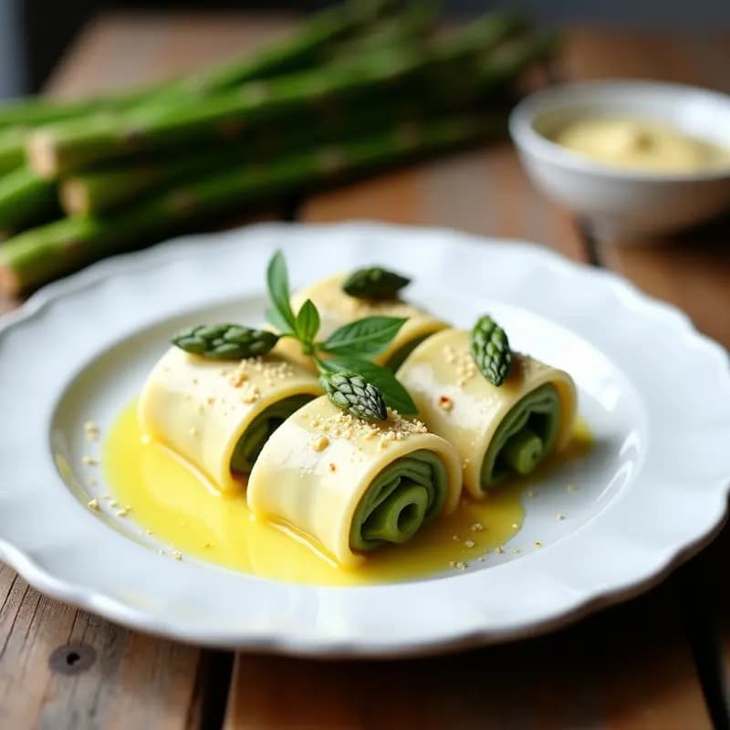 Plato blanco con canelones veganos sin horno rellenos de espárragos trigueros y queso de castañas cremoso, decorados con levadura nutricional y un hilo de aceite de oliva virgen extra. Fondos verdes de espárragos y textura suave del relleno.
