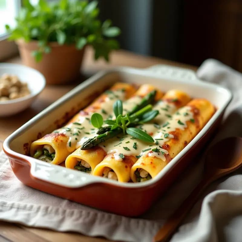 Fuente de horno con canelones de espárragos y queso ricotta sin gluten, cubiertos de bechamel cremosa y dorados al horno, con puntas de espárragos verdes asomando. Plato servido con tomates cherry y perejil fresco.