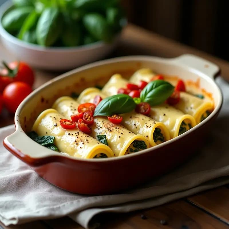 Fuente de horno con canelones de espinaca y queso de macadamia gratinados, cubiertos de bechamel de avena cremosa y decorados con tomates secos y albahaca fresca, receta vegana al horno.