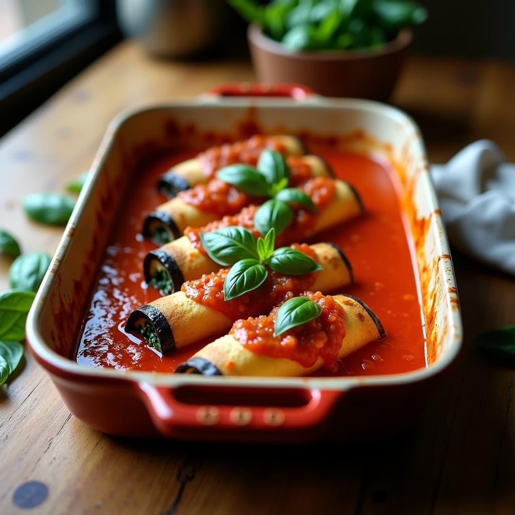 Fuente de horno rectangular con canelones de láminas de berenjena asada rellenos de espinacas y tofu ahumado, cubiertos de salsa de tomate casera espesa y decorados con hojas de albahaca fresca. Plato vegano sin gluten con colores vibrantes y textura cremosa.