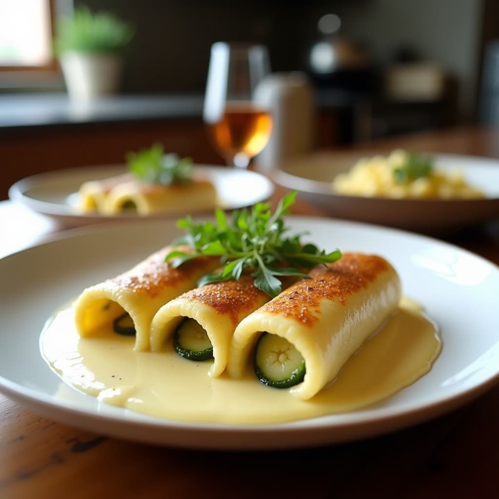 Fuente de horno rectangular con canelones veganos dorados, rellenos de espinaca y tofu ahumado, cubiertos de una cremosa bechamel de anacardos. Decorados con hojas de albahaca fresca y un hilo de aceite de oliva virgen extra.