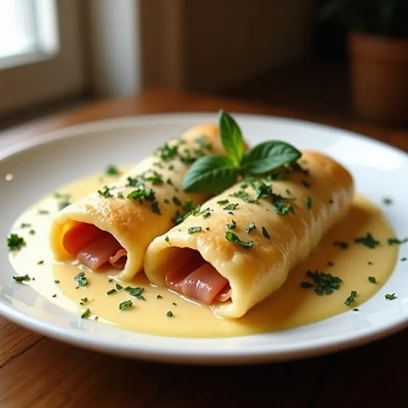 Fuente de horno rectangular con canelones San Jacobo de espárragos y jamón serrano gratinados, bañados en bechamel light cremosa y decorados con puntas de espárragos trigueros verdes y virutas de jamón serrano dorado. Plato tradicional español saludable y bajo en calorías.