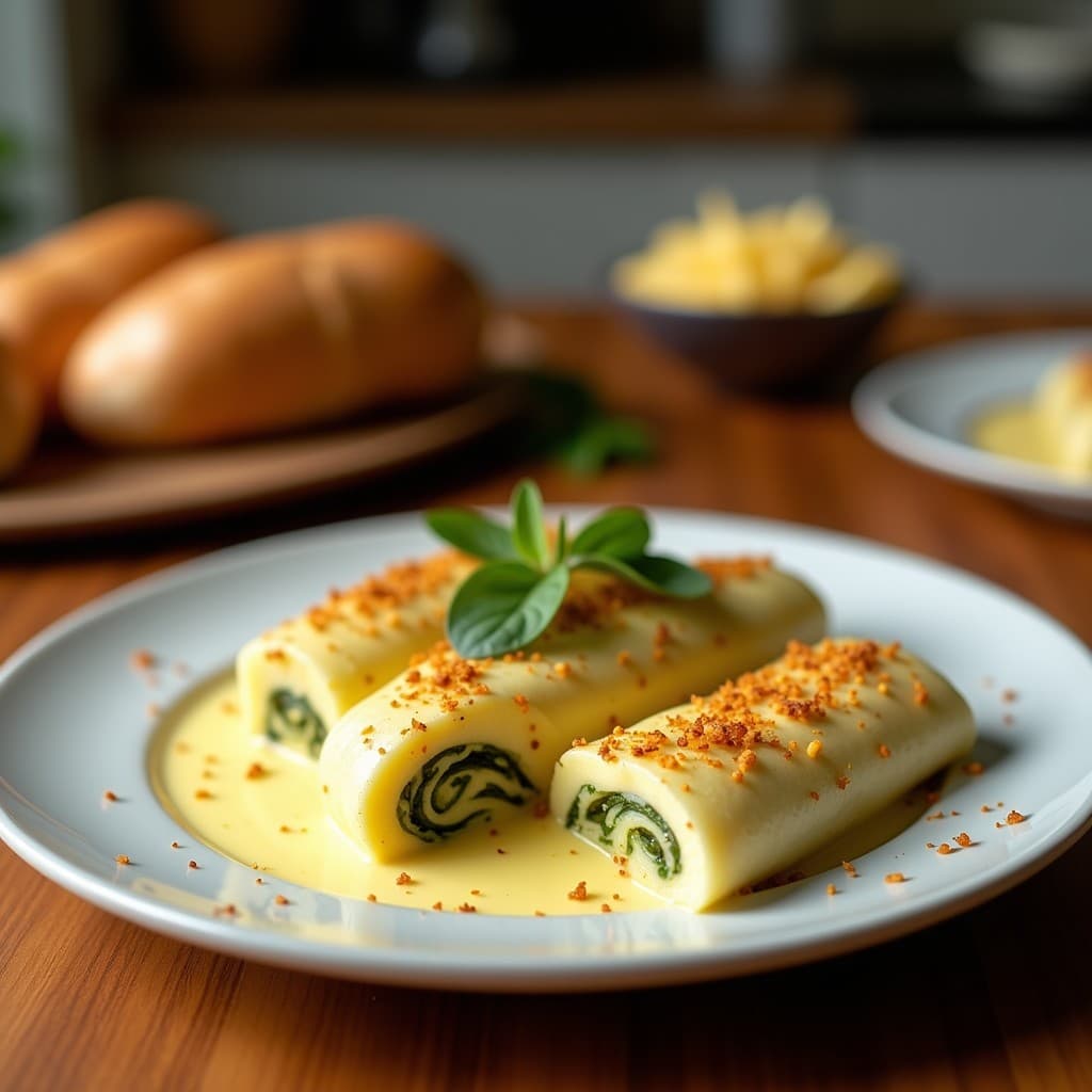 Fuente de horno con canelones de espinacas y queso de anacardos cubiertos de bechamel de coliflor dorada, decorados con piñones tostados y hojas de espinaca fresca. Receta italiana vegana sin lácteos.