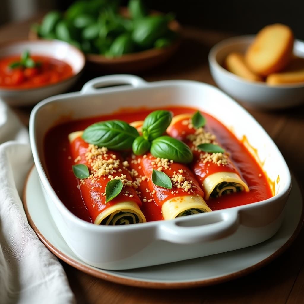 Fuente de cerámica blanca con canelones de espinacas y queso de caju vegano, bañados en salsa de tomate casera, decorados con hojas de albahaca fresca y espolvoreados con levadura nutricional. Plato de cocina italiana vegana preparado en Thermomix.