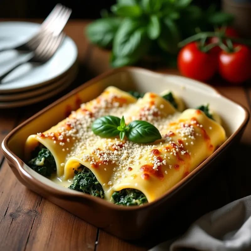 Fuente de horno rectangular con canelones de espinacas y requesón vegano, cubiertos de bechamel de avena dorada y salsa de tomate, decorados con hojas de albahaca fresca. Plato de cocina italiana vegana y sin gluten.