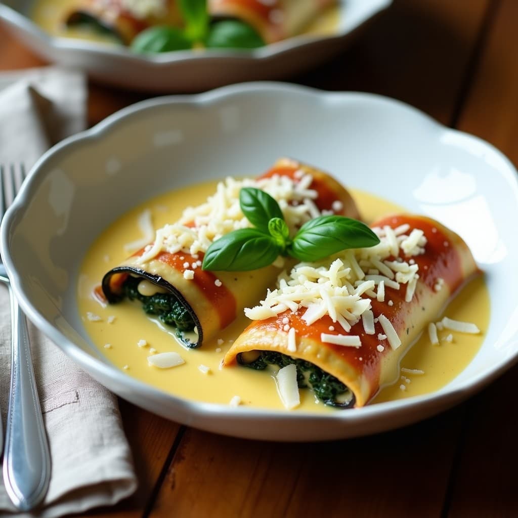 Fuente rectangular de cerámica blanca con canelones de espinacas y requesón sin pasta, rellenos y cubiertos con salsa bechamel de coliflor dorada, decorados con hojas de albahaca fresca y virutas de queso parmesano. Plato keto italiano bajo en carbohidratos.