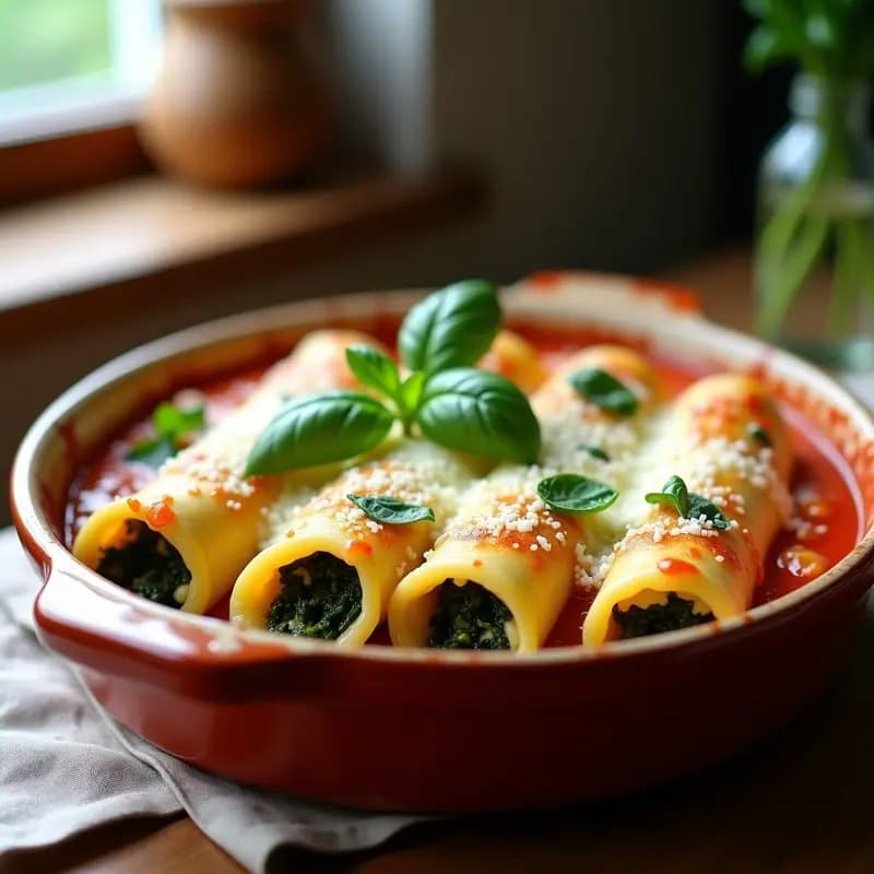 Fuente de horno con canelones de espinacas y requesón dorados, cubiertos de salsa de yogur griego y almendras fileteadas tostadas, receta italiana vegetariana y alta en calcio.