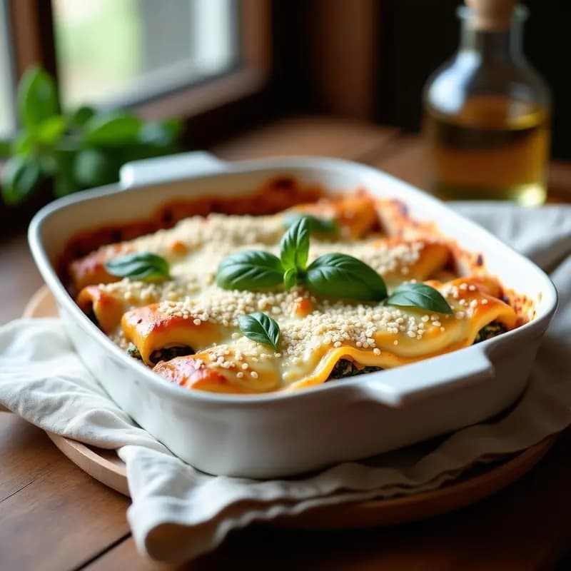 Fuente de horno rectangular con canelones de espinacas y ricota sin gluten, cubiertos de bechamel de avena dorada y albahaca fresca, servidos en porción con fondo rústico de madera.