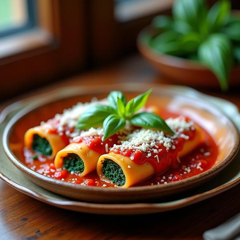 Fuente de horno con canelones de espirulina y ricotta cubiertos de salsa de tomate casera y queso parmesano gratinado, decorados con hojas de albahaca fresca. Receta italiana alta en hierro.