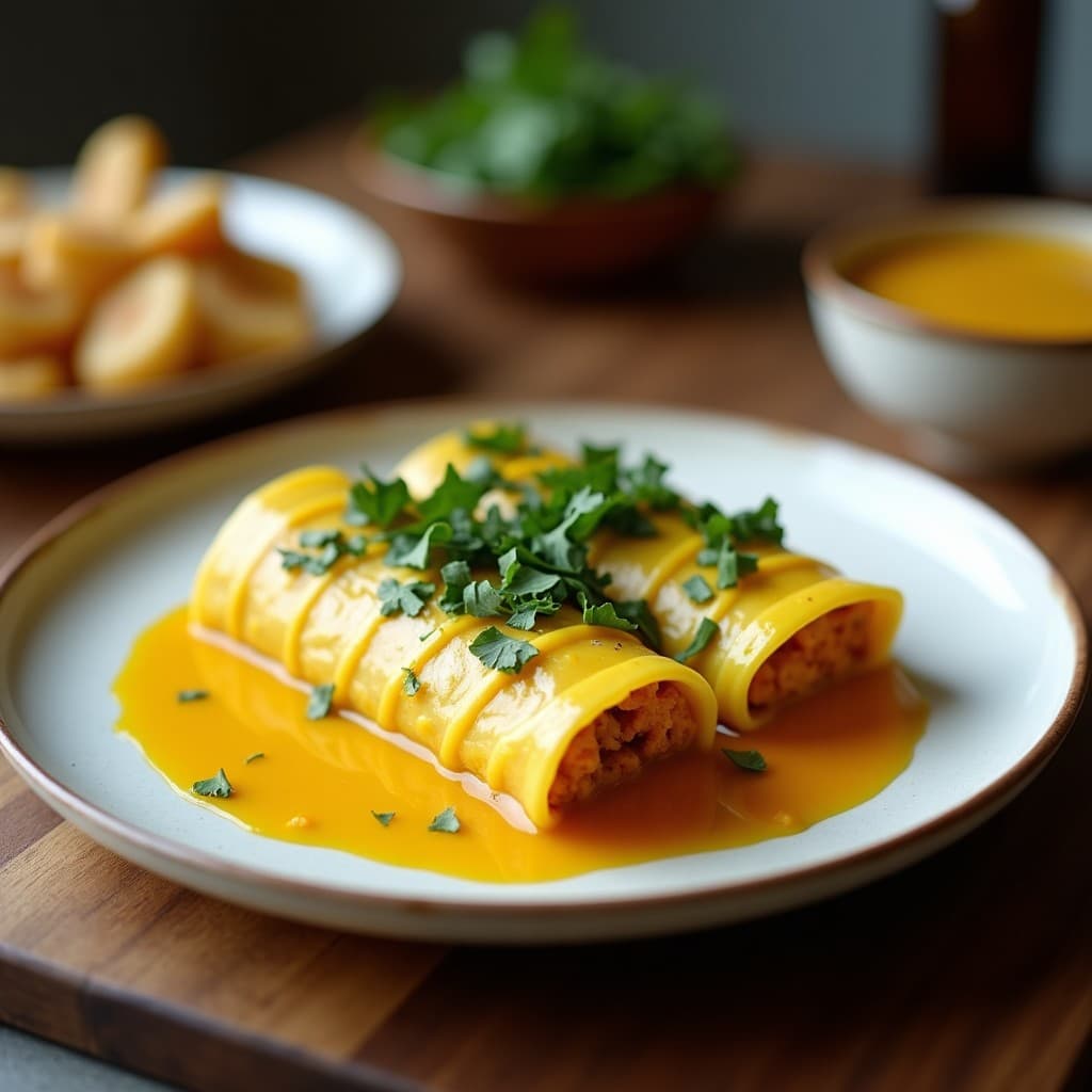 Fuente de barro con canelones veganos de jackfruit desmenuzado, bañados en salsa cremosa de cúrcuma y leche de coco, decorados con anacardos tostados y cilantro fresco. Plato colorido y apetecible, ideal para receta en olla exprés.