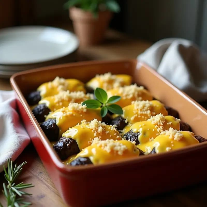 Fuente de horno rectangular con canelones de berenjena rellenos de lentejas beluga, bañados en salsa de azafrán dorada y gratinados con queso. Plato tradicional italiano sin gluten, servido en mesa rústica de madera con hierbas frescas de decoración.