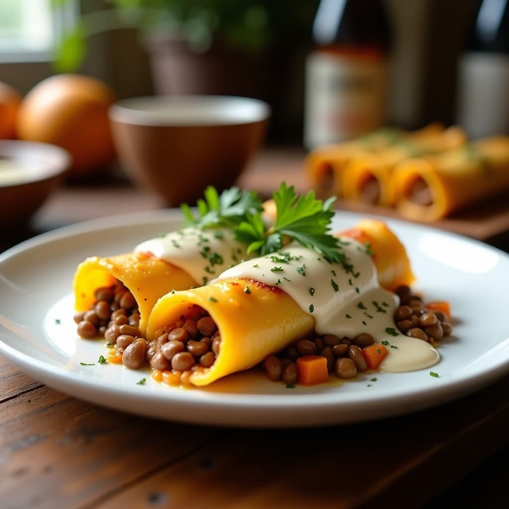 Fuente de cerámica blanca con canelones veganos rellenos de lentejas y calabaza, cubiertos de bechamel cremosa de anacardos y perejil fresco. Plato de receta italiana en microondas, con texturas suaves y colorido otoñal.