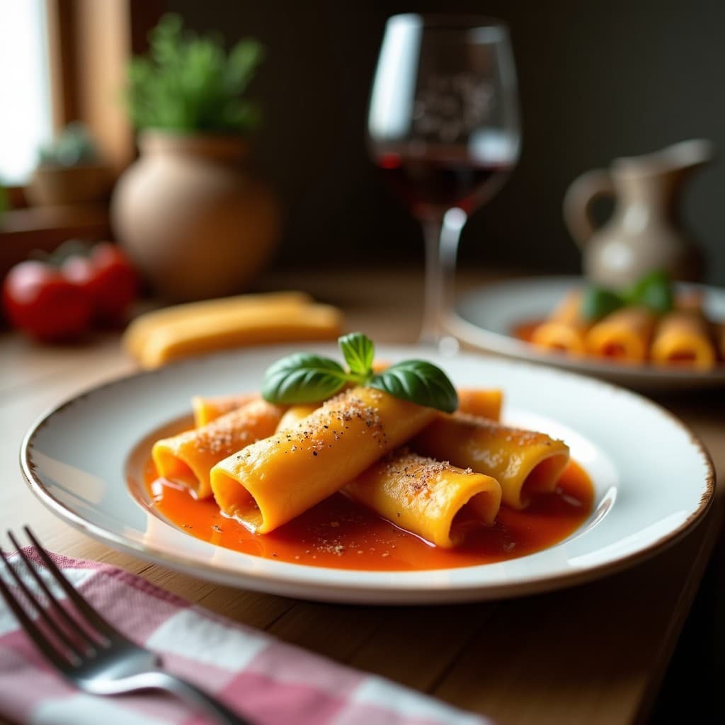 Plato de canelones veganos de lentejas rojos y calabacín en olla exprés, con bechamel cremosa y albahaca fresca, servidos en fuente de cerámica blanca sobre fondo rústico.