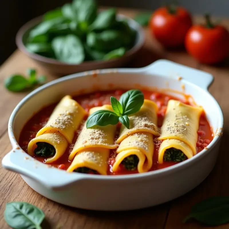 Fuente de horno con canelones veganos dorados rellenos de espinacas y queso de anacardos, espolvoreados con moringa en polvo, sobre un fondo rústico de madera. Receta alta en hierro y proteína vegetal.