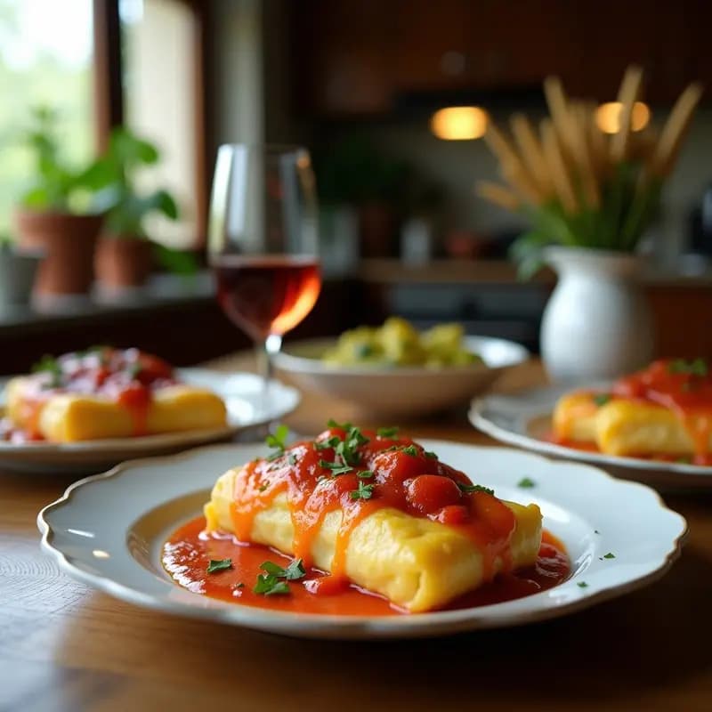 Fuente de horno rectangular con canelones de San Esteban dorados, cubiertos de bechamel gratinada y queso fundido, servidos en porciones con relleno visible de carne, pasas y piñones.