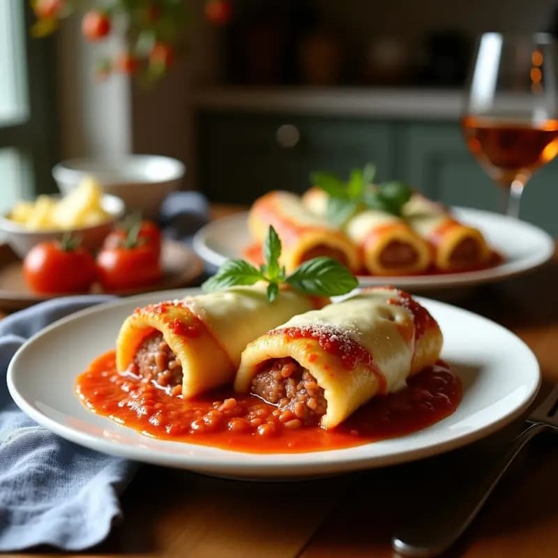 Fuente de horno con canelones de San Esteban rellenos de sobrasada y queso fundido, gratinados al horno con bechamel dorada y queso rallado, servidos en plato de barro rústico.