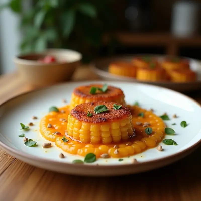 Cannelés de harina de garbanzo y ron dorados y brillantes, con textura estriada y crujiente, servidos en una bandeja de madera rústica con un fondo difuminado de cocina francesa.