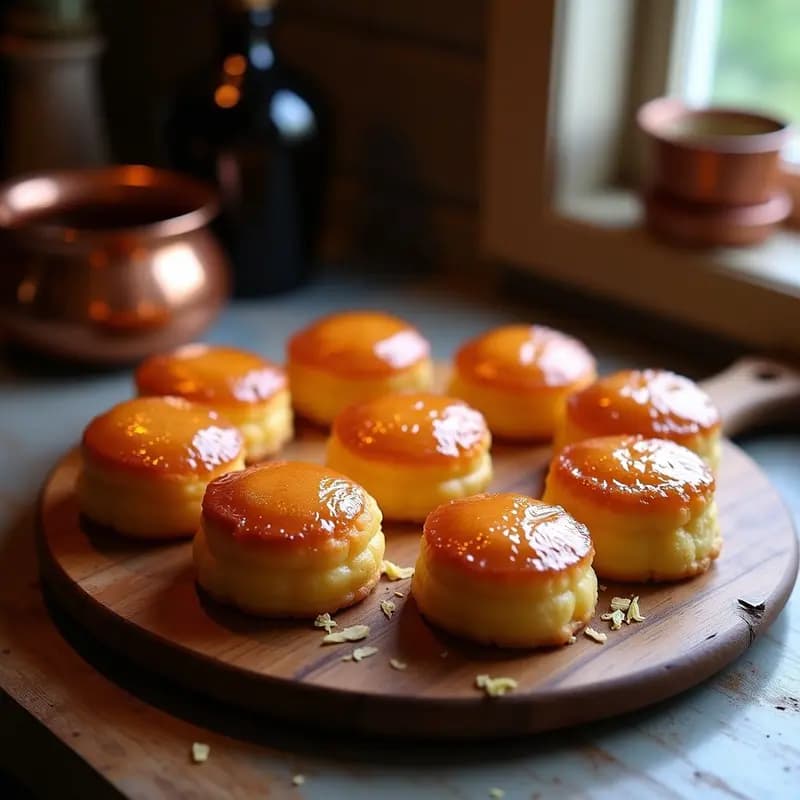 Cannelés de vainilla y rón en molde de silicona, con exterior caramelizado brillante y dorado, dispuestos en una bandeja de madera rústica junto a una copita de rón y una rama de vainilla.
