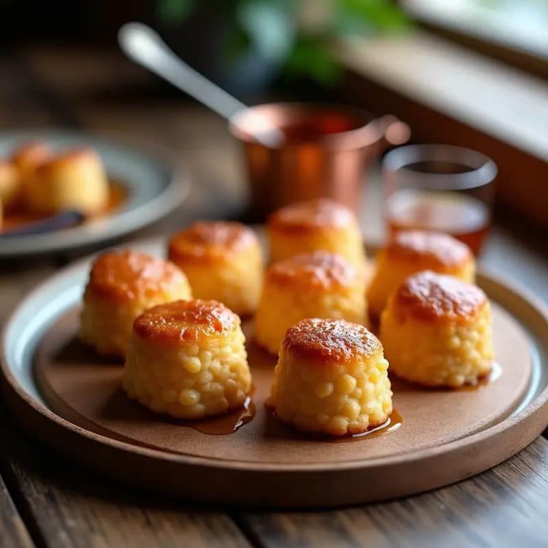 Cannelés dorados y esponjosos con exterior caramelizado, servidos en moldes de cobre sobre una bandeja de madera, acompañados de una salsa de caramelo brillante en un cuenco aparte. Postre francés tradicional de vainilla y ron.
