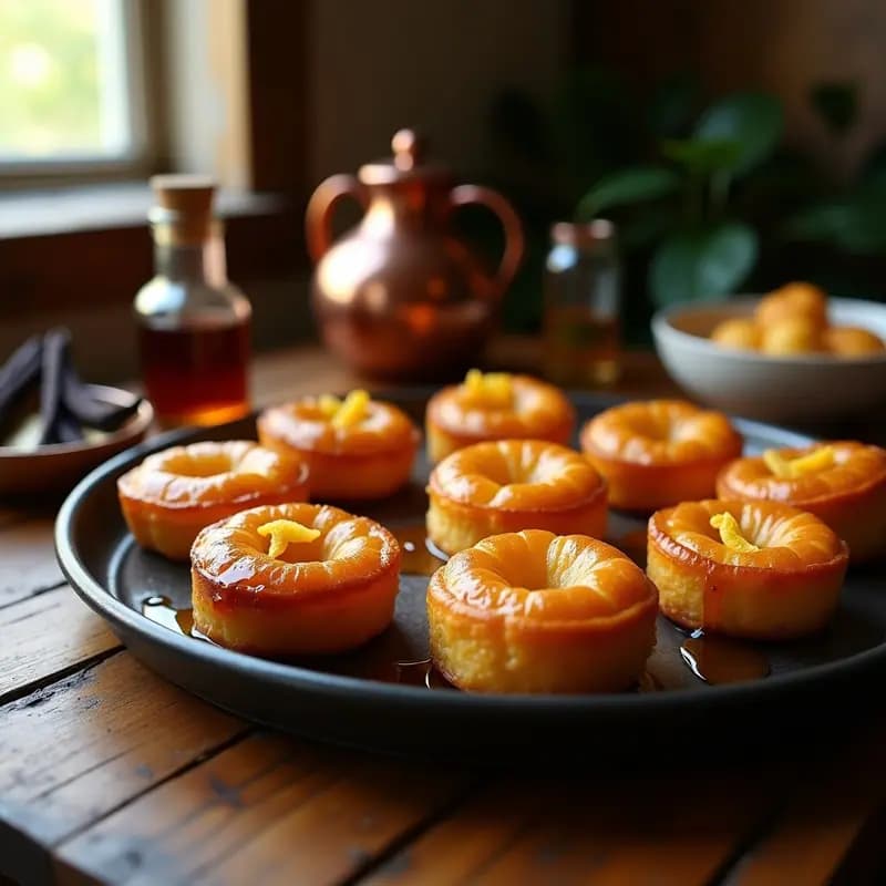 Cannelés dorados y brillantes con costra caramelizada en moldes de cobre, bañados en sirope de arce oscuro, sobre una bandeja de madera con hojas de vainilla y una botella de ron al fondo.