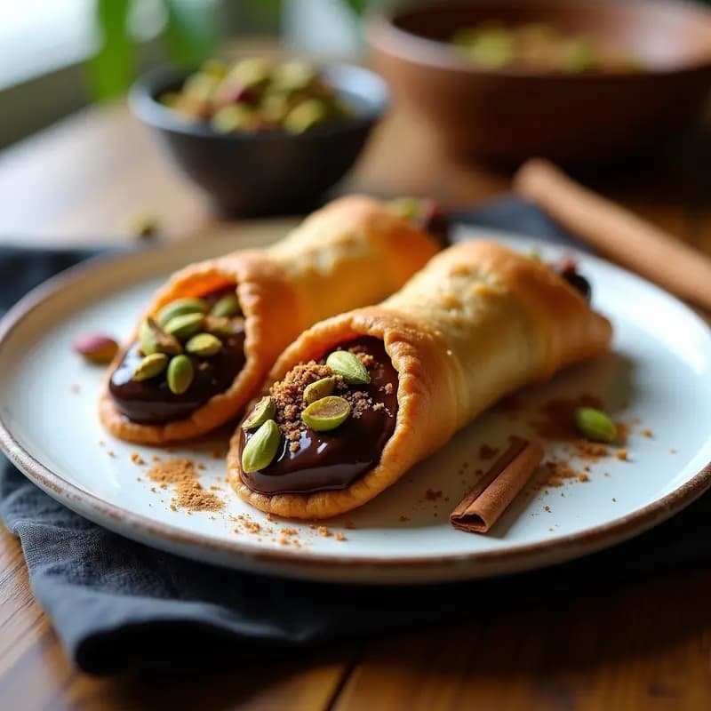 Canoli sicilianos dorados rellenos de crema de requesón y chocolate negro, decorados con pistachos tostados y virutas de chocolate sobre un plato de cerámica blanca, postre alta en proteína.