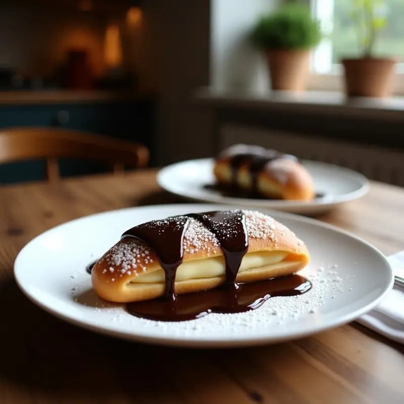Canoli sicilianos dorados y crujientes rellenos de crema de ricotta blanca y trocitos de chocolate negro, decorados con pistachos picados y chocolate derretido, servidos en un plato de cerámica blanca sobre fondo rústico.