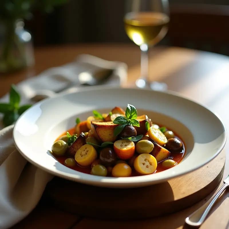 Plato hondo de cerámica blanca con caponata siciliana vegana y sin gluten, llena de alcachofas tiernas, berenjenas estofadas, aceitunas verdes y almendras tostadas, decorada con hojas de albahaca fresca.