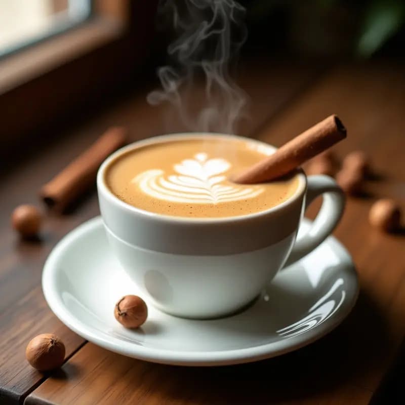 Taza blanca de cerámica con cappuccino de avellana y canela, espuma cremosa en la superficie y un palito de canela como decoración, sobre una mesa de madera rústica con avellanas tostadas esparcidas.