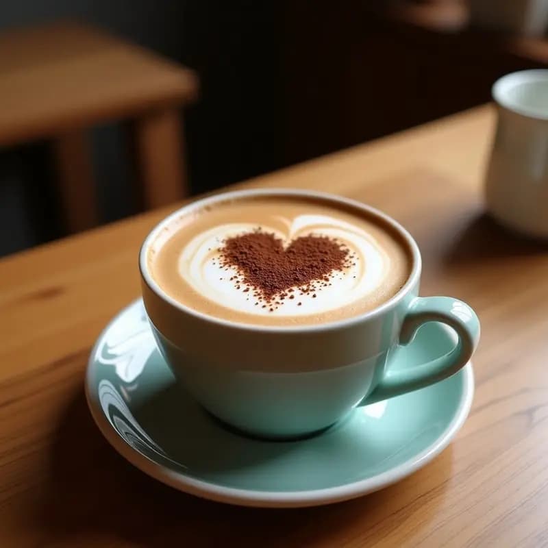 Taza de cappuccino especiado con canela y cacao vegano, espuma cremosa y suave polvillo de canela y cacao por encima, servido en taza blanca sobre mesa de madera rústica.