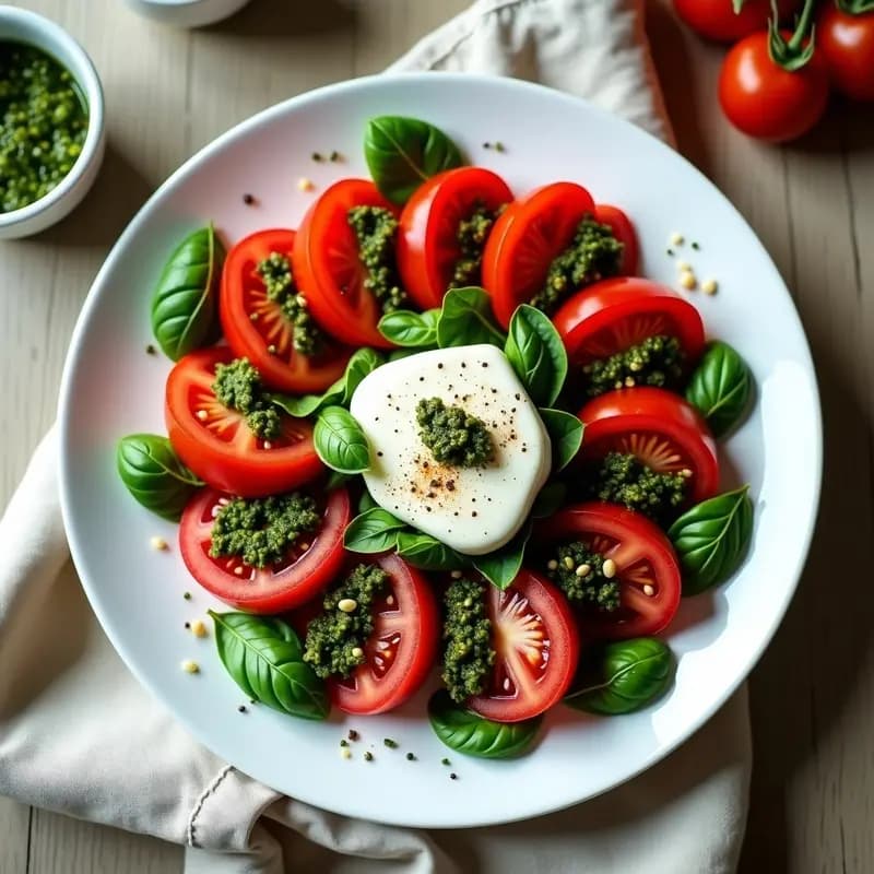 Ensalada caprese italiana gourmet con rodajas gruesas de tomates ancestrales (Corazón de Buey, Brandywine) en círculo, burrata entera en el centro con corte en cruz, pesto de albahaca negra verde oscuro, vinagre balsámico en hilos y flor de sal ahumada. Plato blanco rústico con fondo de madera clara.