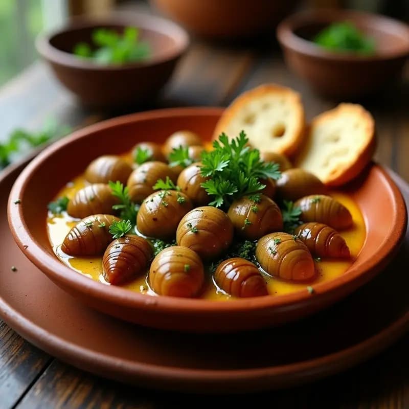 Plato rústico de barro con caracoles a la llauna bañados en salsa all i oli, decorados con perejil fresco y servidos con pan tostado, receta catalana tradicional.