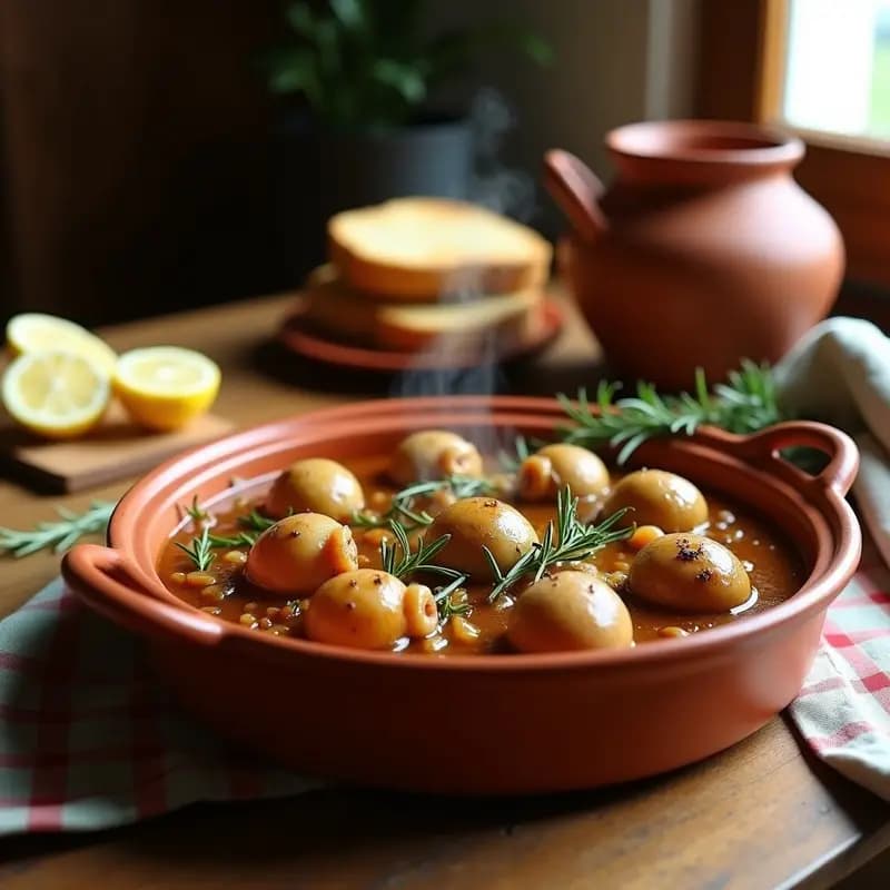 Fuente de barro rústica con caracoles a la llauna dorados, bañados en una salsa aromática con hierbas provenzales, acompañados de rebanadas de pan tostado y gajos de limón, receta catalana tradicional al horno.