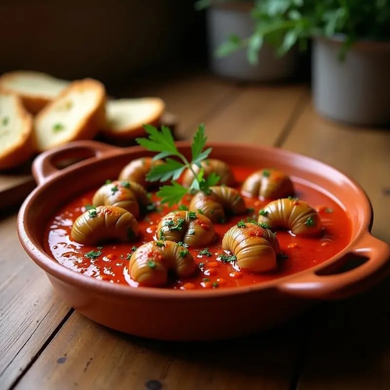 Llauna de barro con caracoles a la llauna bañados en salsa picante de tomate y pimentón, espolvoreados con perejil fresco, servidos sobre una mesa rústica con pan tostado al lado. Receta tradicional valenciana.