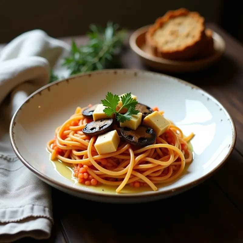 Plato hondo de cerámica blanca con pasta carbonara vegana de espaguetis de lentejas rojas, trozos de tofu ahumado dorado, champiñones portobello y perejil fresco. Salsa cremosa de color beige con toques ahumados, servida con un hilo de aceite de oliva virgen extra.