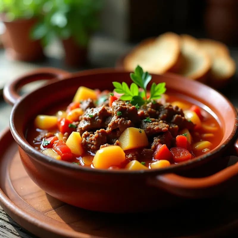 Plato hondo de barro con carne mechada desmenuzada, patatas troceadas y salsa de tomate espesa, típico guiso español de aprovechamiento hecho en olla.