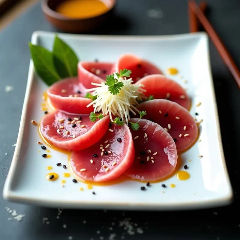 Plato blanco minimalista con carpaccio de atún rojo en láminas finas, bañado en vinagreta dorada de sésamo y lima, decorado con semillas de sésamo negro y blanco, cebollino picado y hojas de shiso. Gajos de lima al lado para servir.