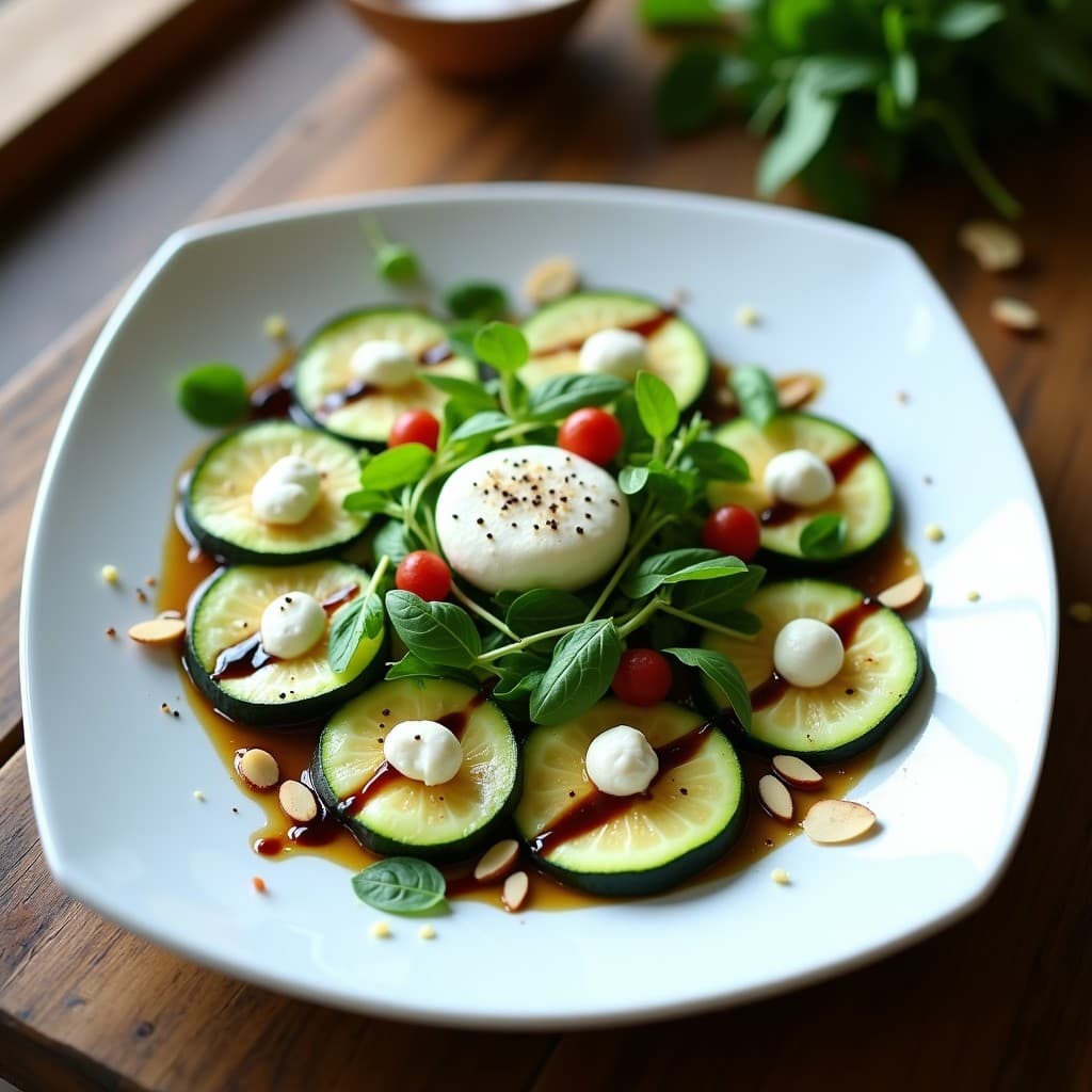 Plato blanco alargado con carpaccio de calabacín en láminas finas, queso de búfala desmenuzado, nueces picadas, hojas de albahaca y reducción de vinagre balsámico en zigzag. Receta italiana sin cocción, elegante y fresca.