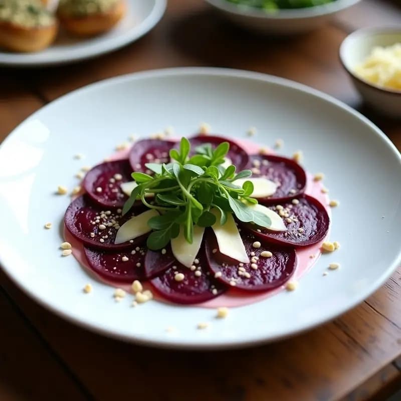 Plato blanco ovalado con carpaccio de remolacha morada en láminas finas, cubierto de rúcula fresca, virutas de parmesano vegano y semillas de sésamo. Aliñado con aceite de oliva y gotas de aceite de trufa, sobre fondo rústico de madera.