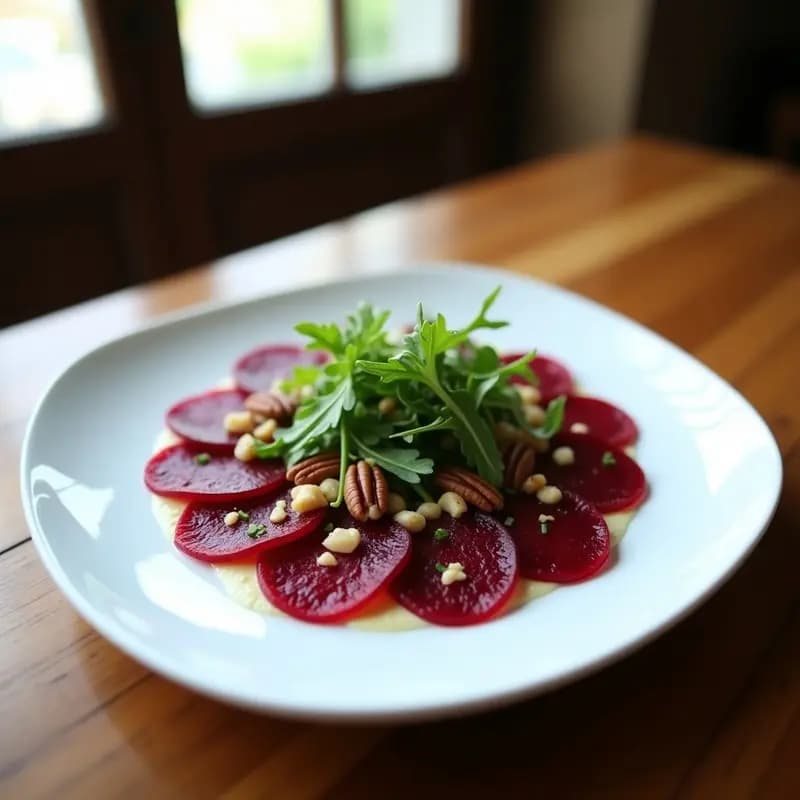 Plato blanco ovalado con carpaccio de remolacha en láminas finas y violetas, cubierto de rúcula fresca, nueces pecanas tostadas y decorado con hojas de menta. Vinagreta de mostaza de Dijon brillando sobre los ingredientes, entrante argentino fresco y elegante.