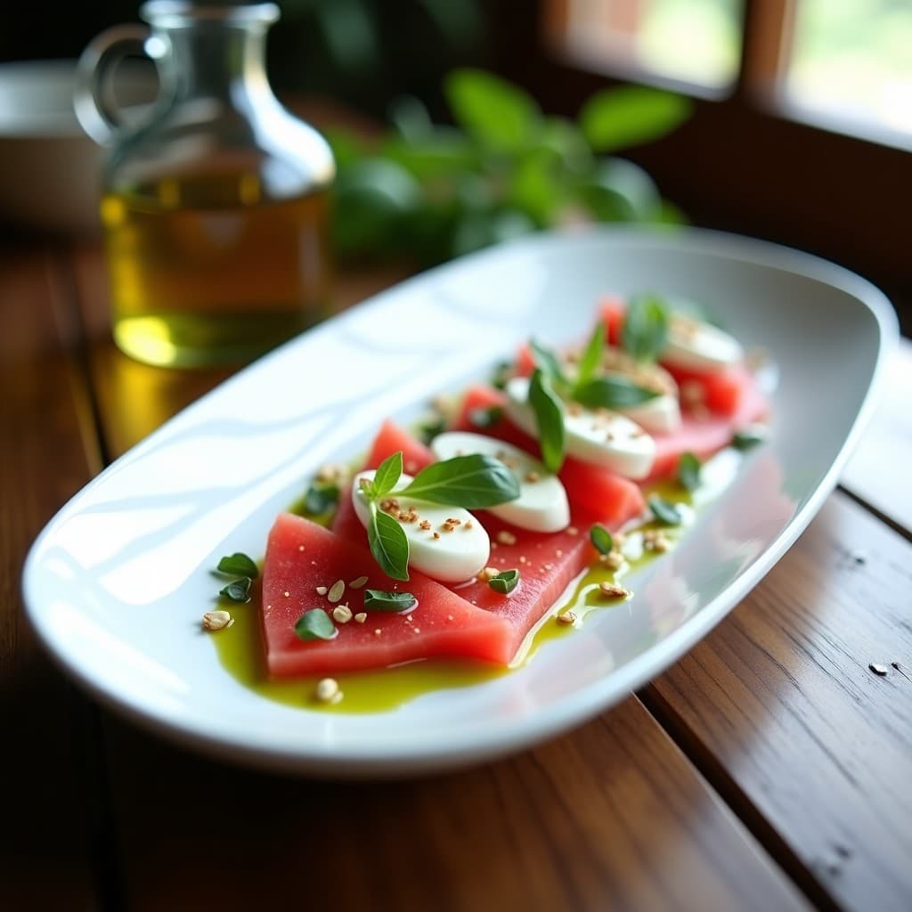 Plato blanco ovalado con carpaccio de sandía en láminas finas y queso de búfala cremoso, decorado con vinagreta de albahaca, rúcula baby, almendras tostadas y pimienta negra. Entrante italiano fresco y elegante.