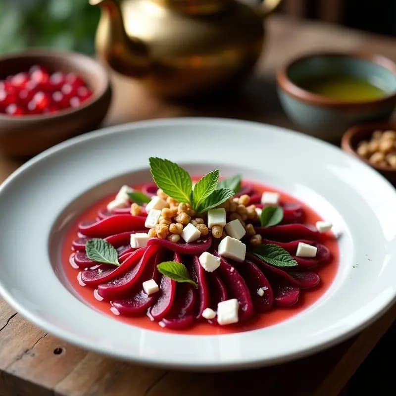 Plato blanco alargado con carpacho de remolacha en láminas finas, queso feta desmenuzado, semillas de granada rojas, pistachos tostados y hojas de menta fresca. Vinagreta dorada con miel de tomillo brillando sobre el conjunto. Entrante turco sin cocción, fresco y colorido.